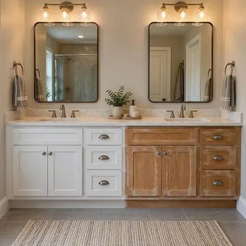 Double bathroom vanity mid-refinish, half painted and half sanded back to raw wood