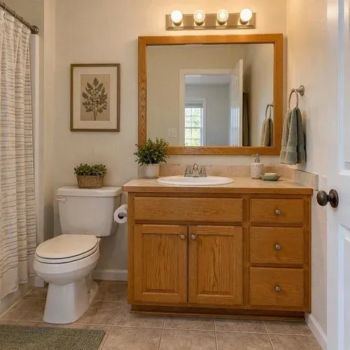 Dated oak bathroom vanity in a Lincoln, NE bathroom before refinishing