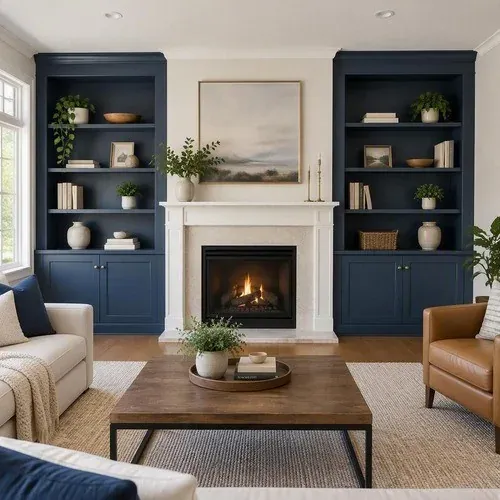 Navy painted built-in bookcases flanking a living room fireplace