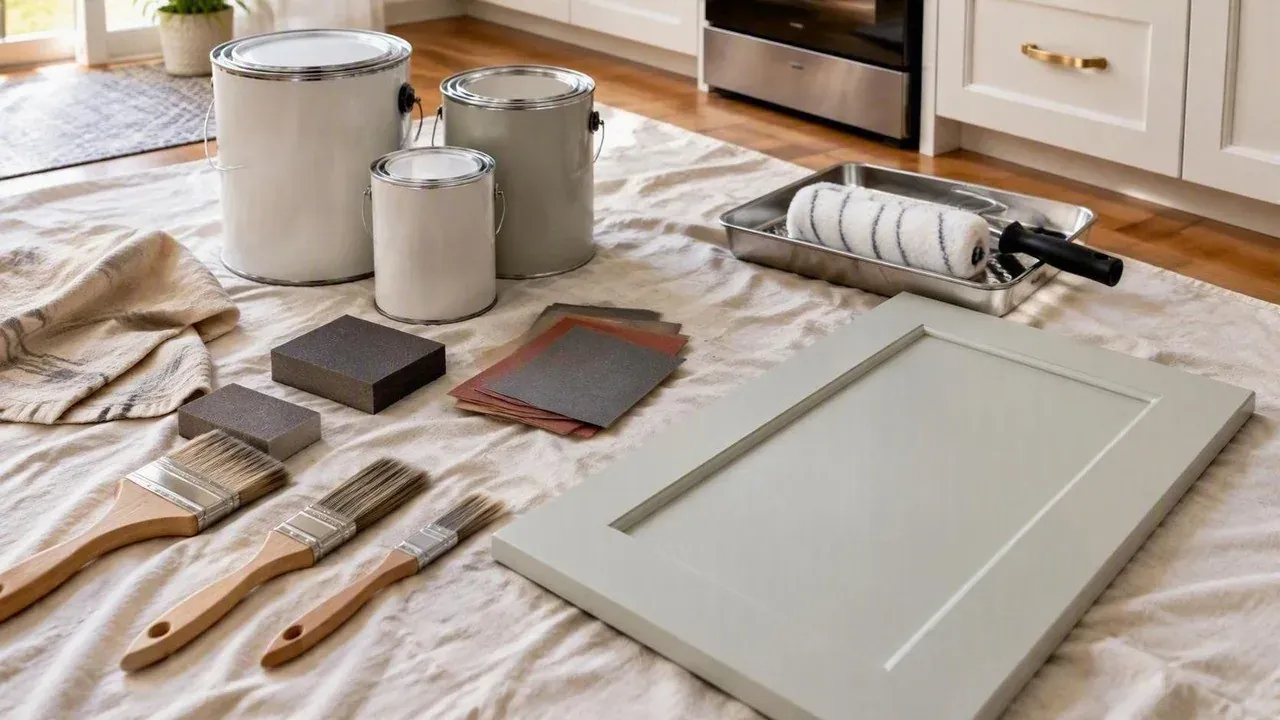 Cabinet coatings, brushes and a sample door used for colour approval