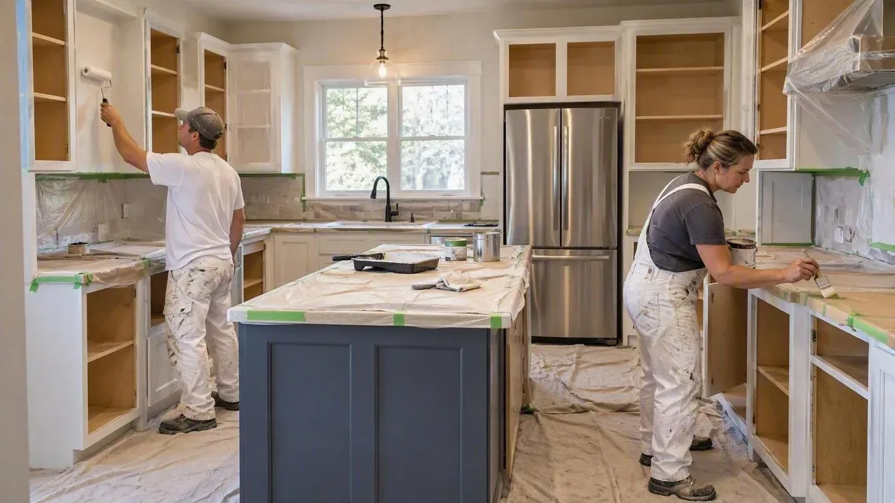 Cabinet painting crew at work in a Lincoln kitchen