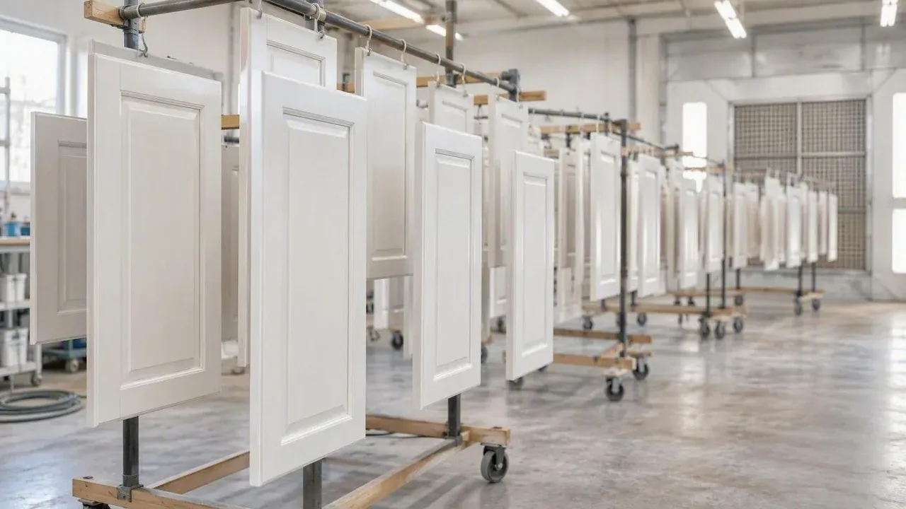 Cabinet doors curing on racks in the Lincoln spray shop