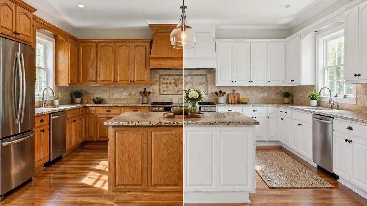 Lincoln kitchen shown half dated oak and half painted white