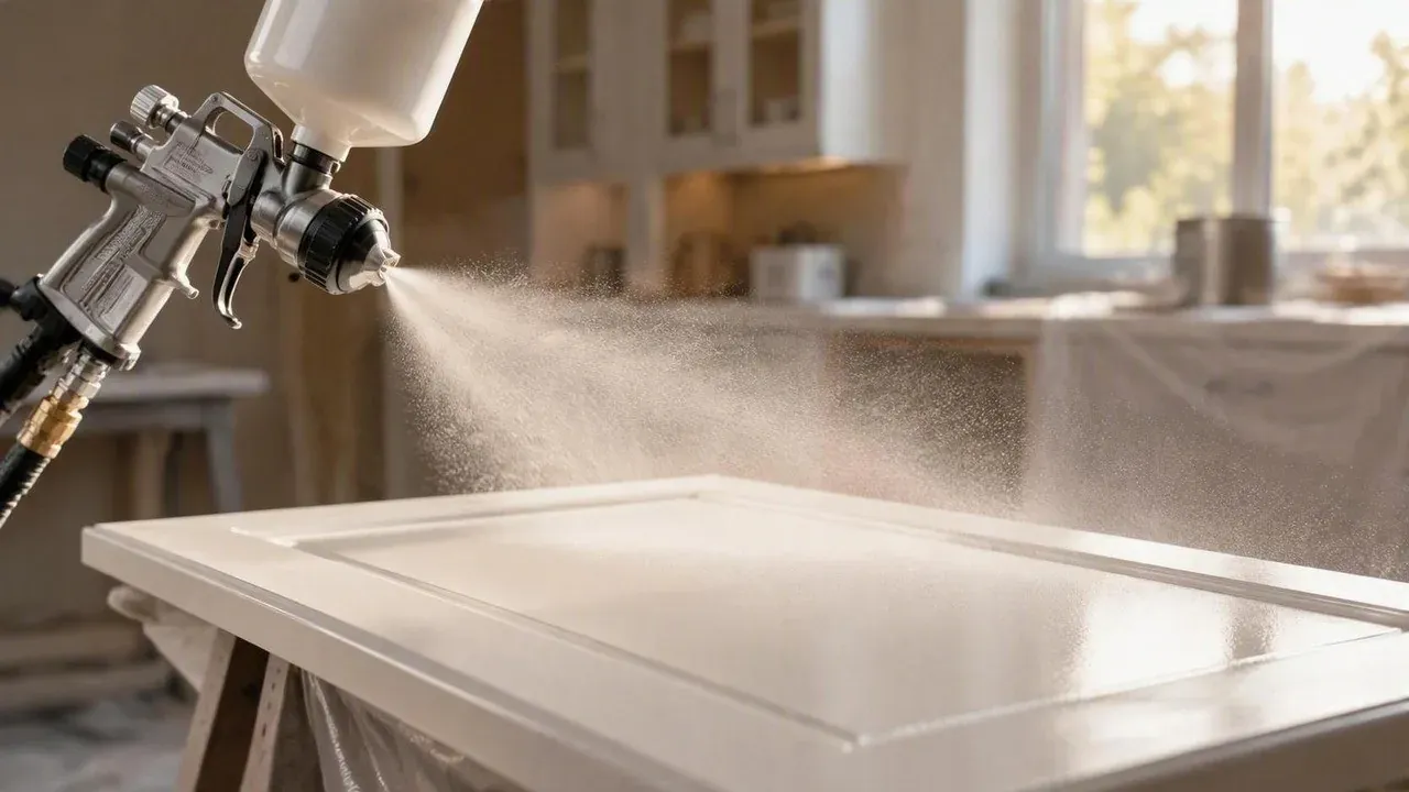 Close-up of an HVLP sprayer laying a finish coat on a cabinet door