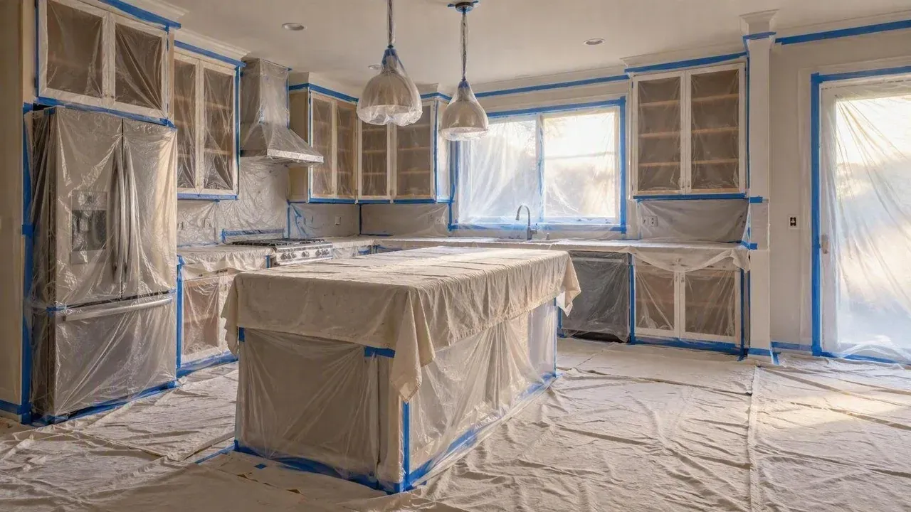Kitchen fully masked in plastic sheeting during cabinet painting