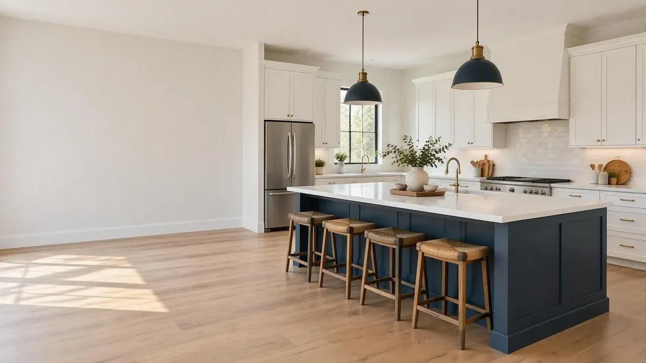 Two-tone kitchen with a navy painted island and white perimeter cabinets