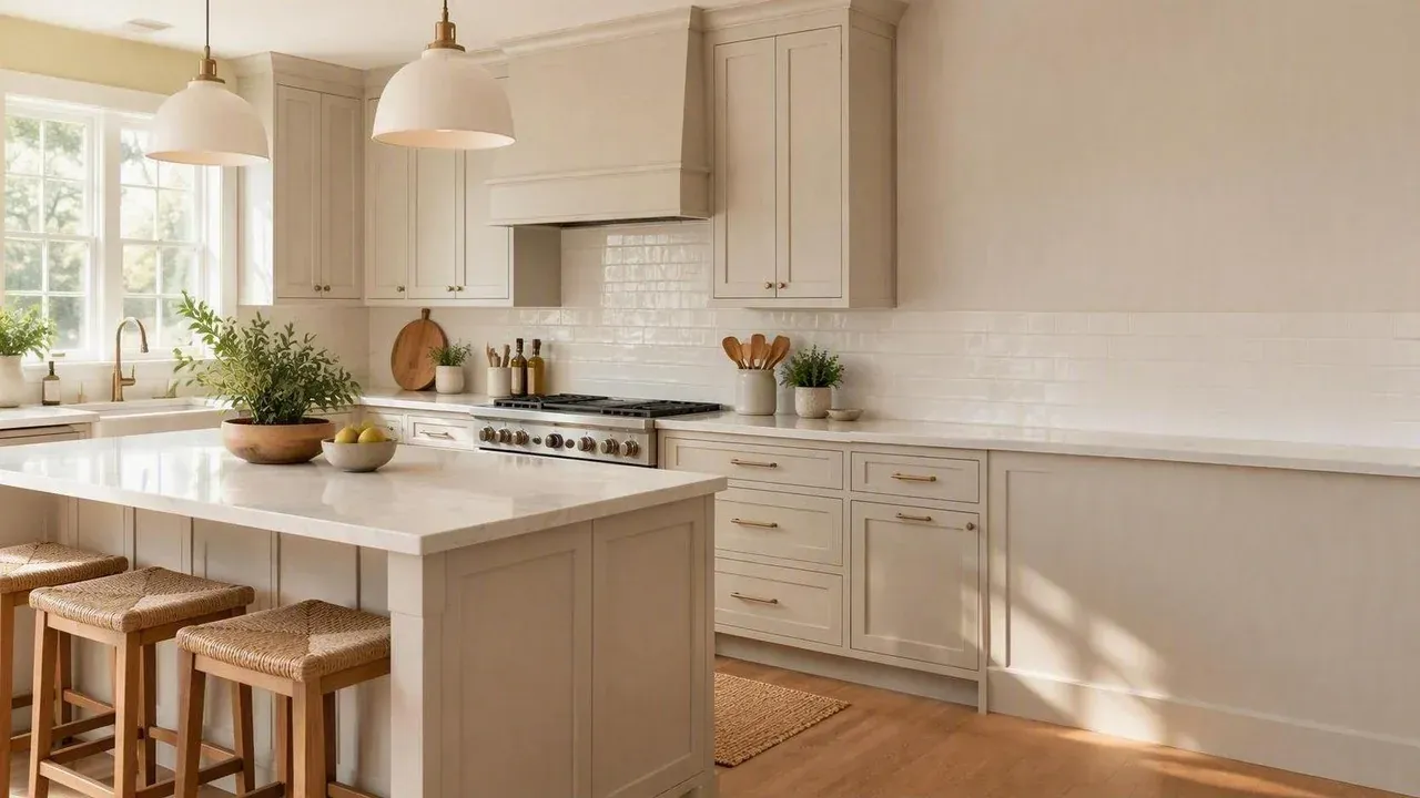 Warm greige kitchen with newly refinished cabinets