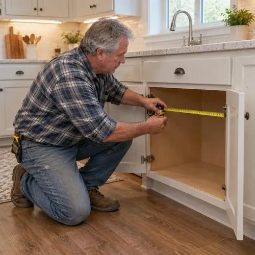 Tradesman measuring a cabinet opening for a replacement door during a free refacing measure