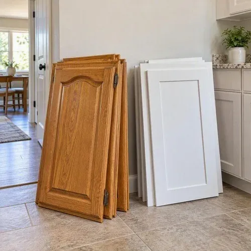 Old raised panel cabinet doors set beside new flat panel replacement doors
