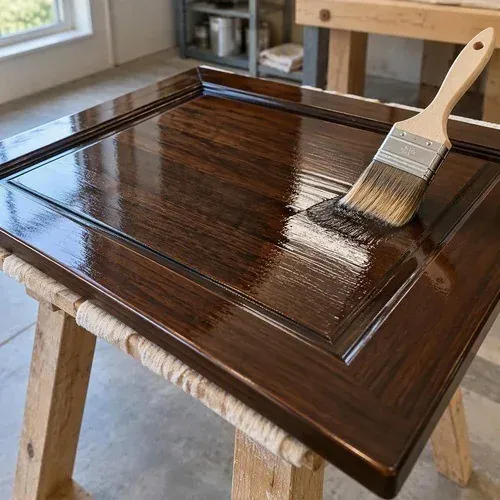 Brushing a clear protective topcoat over a freshly restained cabinet door