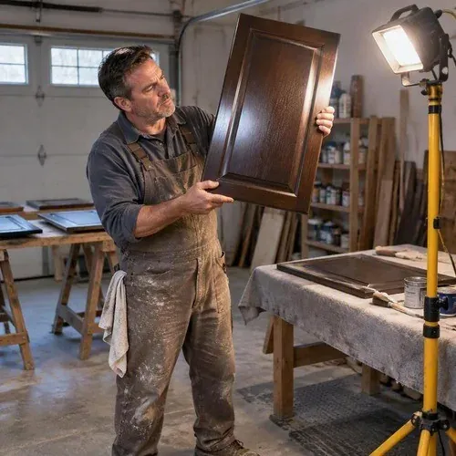 Refinisher inspecting a restained cabinet door under raking shop light