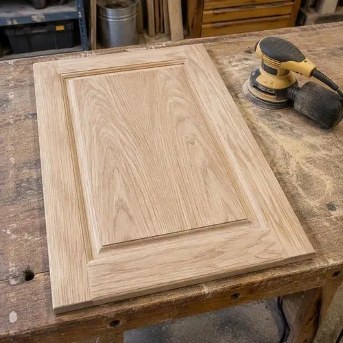 Sanding a cabinet door back to bare wood as part of the refinishing process