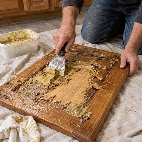 Stripping a failed old finish from a cabinet door before restaining