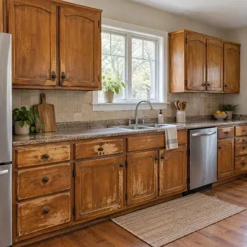 Worn, sun-faded stained kitchen cabinets in Lincoln, NE before refinishing