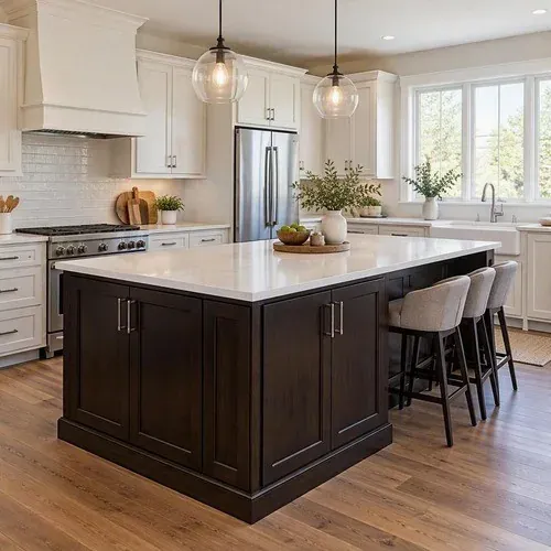 Espresso restained kitchen island paired with light countertops