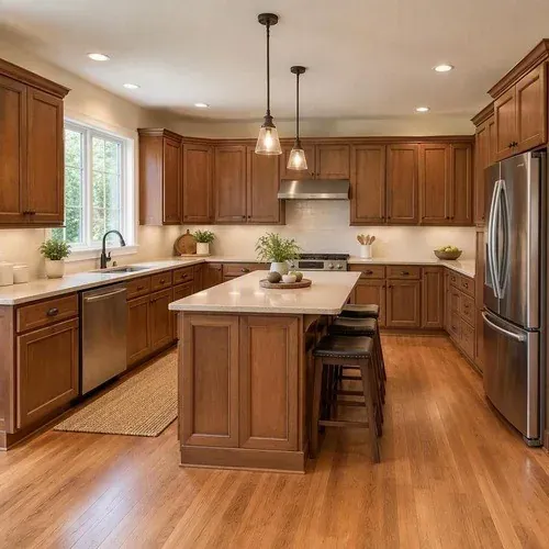 Kitchen with warm medium brown restained wood cabinets after refinishing