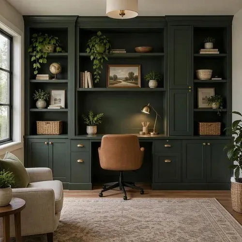 Dark green painted home office built-in cabinets and shelving