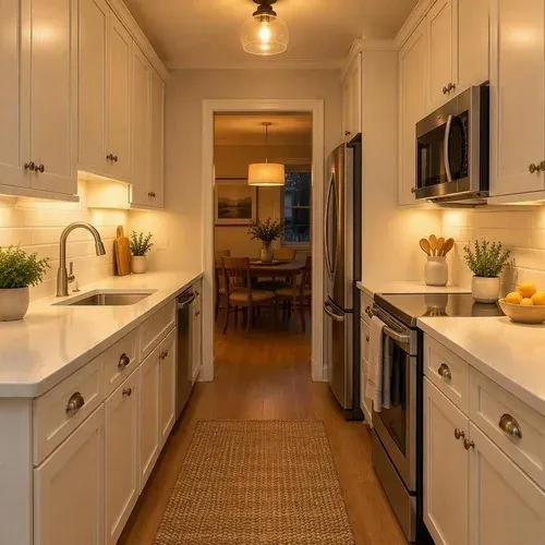 Warm off-white painted galley kitchen cabinets after professional spraying