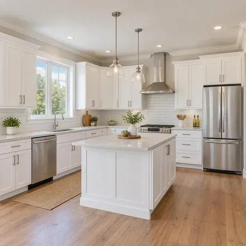 Finished white shaker kitchen cabinets with brushed nickel hardware after painting in Lincoln, NE