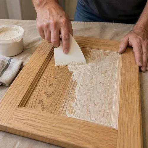 Applying grain filler into the open pores of an oak cabinet door